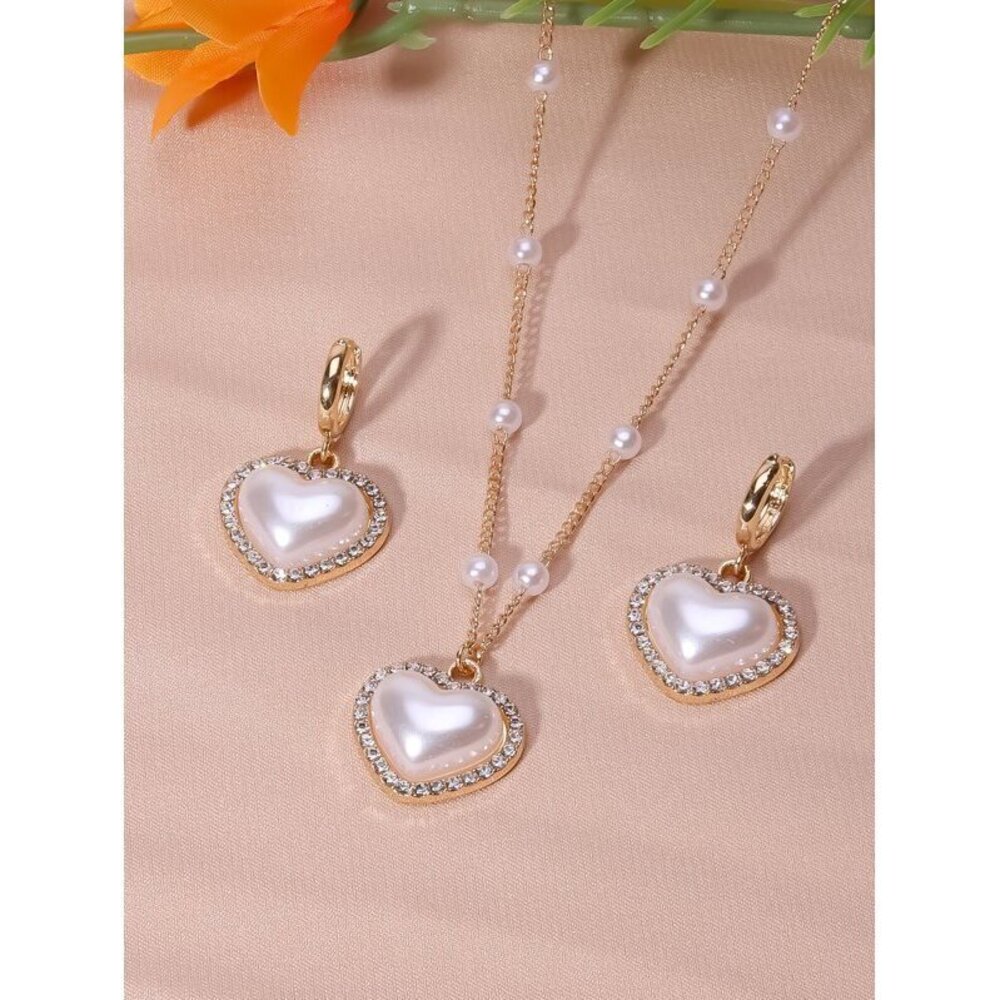 Heart Shape Pearls Jewelry Set With Pendant Necklace & Drop Earrings Inlaid Y2K